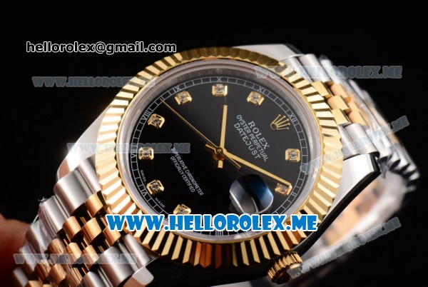 Rolex Datejust II Asia 2813 Automatic Two Tone Case/Bracelet with Black Dial and Diamonds Markers (BP) - Click Image to Close